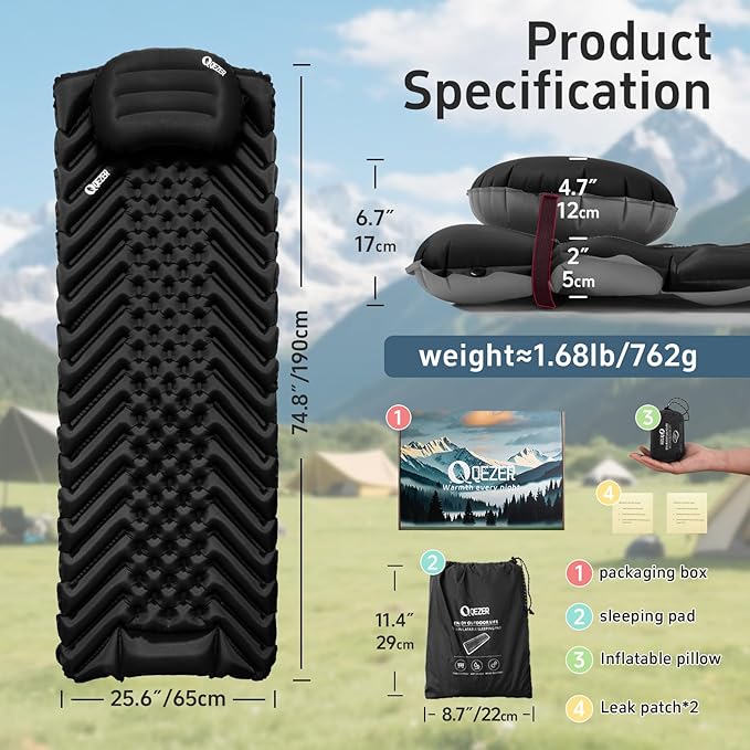 Ultralight Backpacking Sleeping Pad for Camping with Inflatable Neck Camping Pillow Lightweight Inflatable Sleeping Pad for Adults Portable for Hiking Car Travel - Durable &amp Comfortable