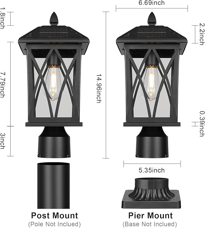 Treekee Solar Outdoor Post Light Black Rustic Outside Pillar Lantern with Clear Glass Waterproof LED Solar Powered Lamp for Patio Garden Pathway Porch Garage Fence 2 Pack (Bulb Included)