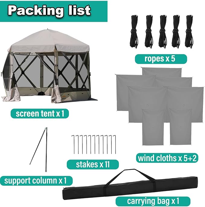 Pop Up Screen Tent 12'x12' Windproof &amp UV Protection Sun Shelter Portable Instant Setup 6-Sided Screen Tent for Picnic Camping Backyard Outdoor (Grey)