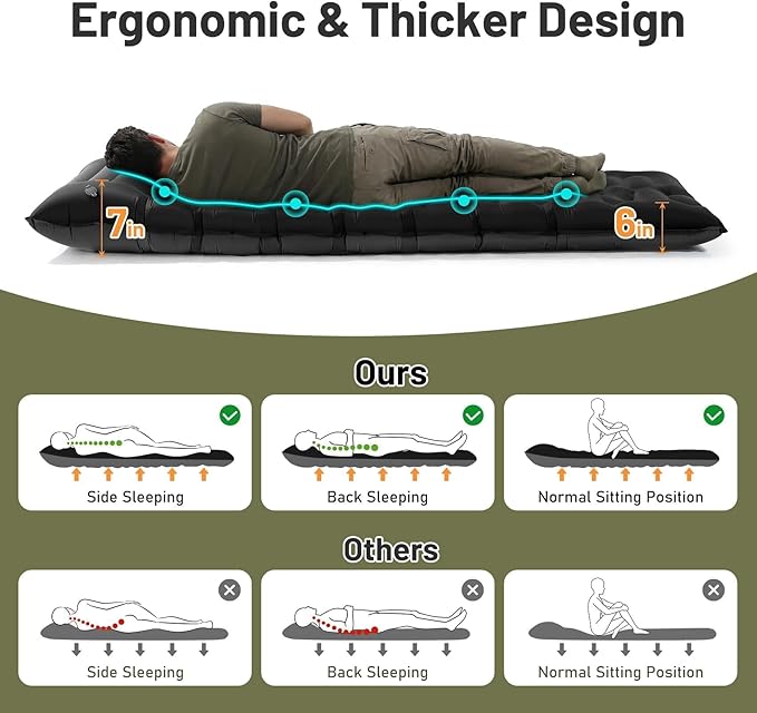 KASBAH Camping Sleeping PadExtra Wide 6 inch Thick Inflatable Sleeping Pads with Built-in Foot Pump and PillowUltralight Camping Mat Gear for Outdoor HikingCamping