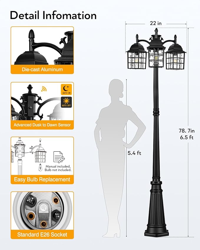 VIANIS Dusk to Dawn 3-Head Lamp Posts Outdoor Lighting Modern Black Outdoor Post Lights Hard Wired Anti-Rust Waterproof Outside Lamppost Light Fixture for Garden Backyard with Water Ripple Glass