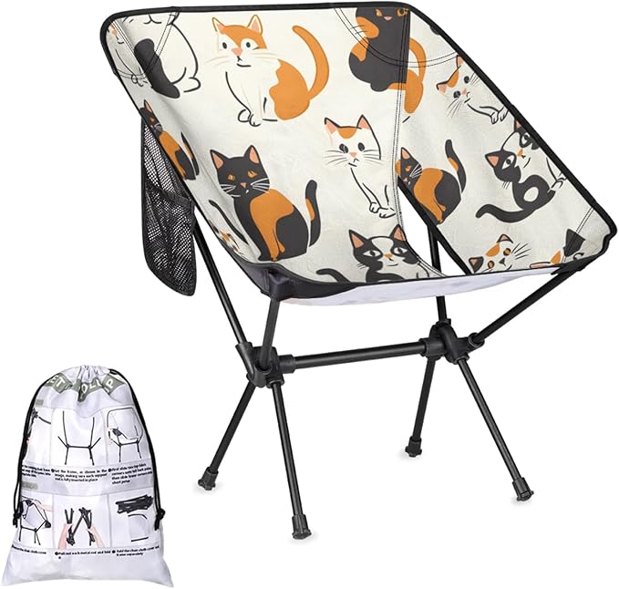 Honeybaby Folding Camping Chair Cat Pattern Camping Chairs Lightweight Portable Chair Outdoor Foldable Chairs for Camping Travel Picnic Beach Hiking
