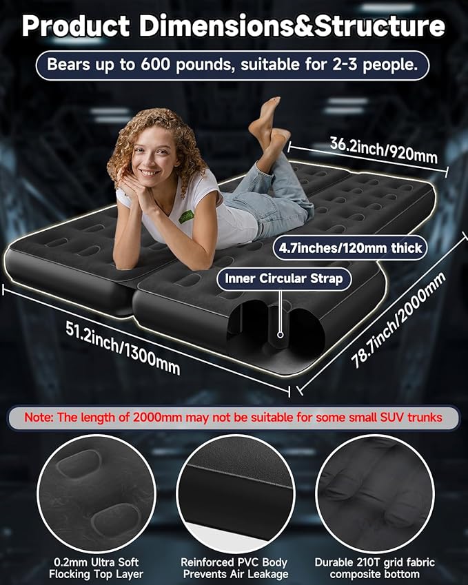 Umbrauto Heavy-Duty SUV Air Mattress w/Quick-Inflate Car Pump| Durable 2-Chamber Inflatable Van Sleeping Bed for Camping &amp Travel Leakproof PVC Flocked Top