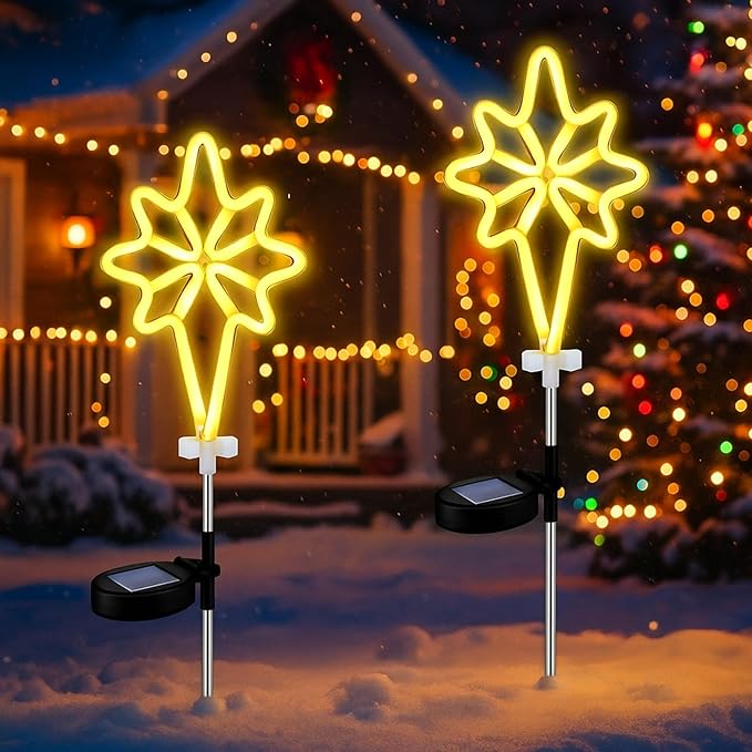 2 Pcs Solar Christmas Garden Stake Lights Waterproof Bethlehem Star Landscape Solar Pathway Lights for Outside Stakes Xmas Neon Yard Stakes for House
