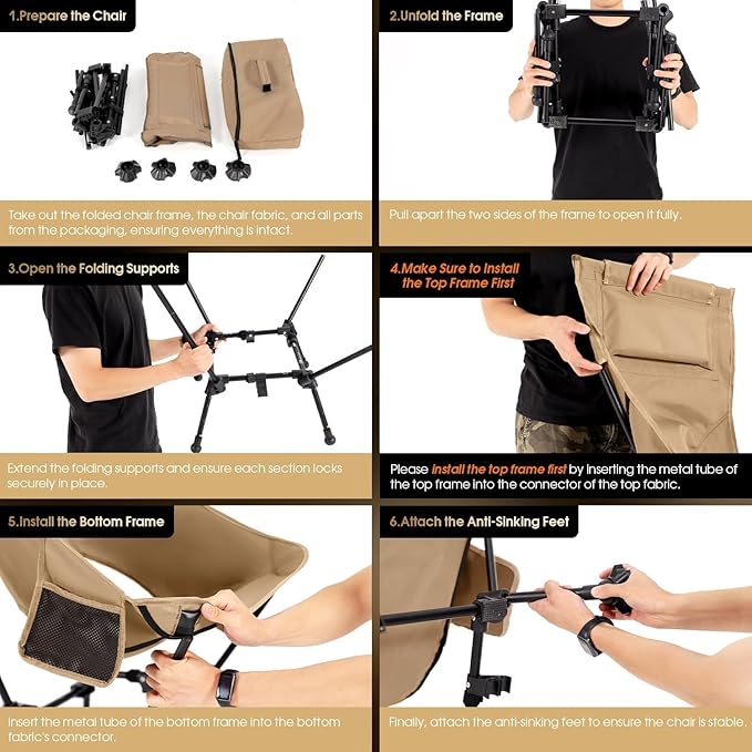 MOON LENCE Folding Portable High Back Camping Chairs for Adults Adjustable Oversize Lightweight for Beach Hunting Hiking Backpacking (Black with Anti-Sinking Feet)