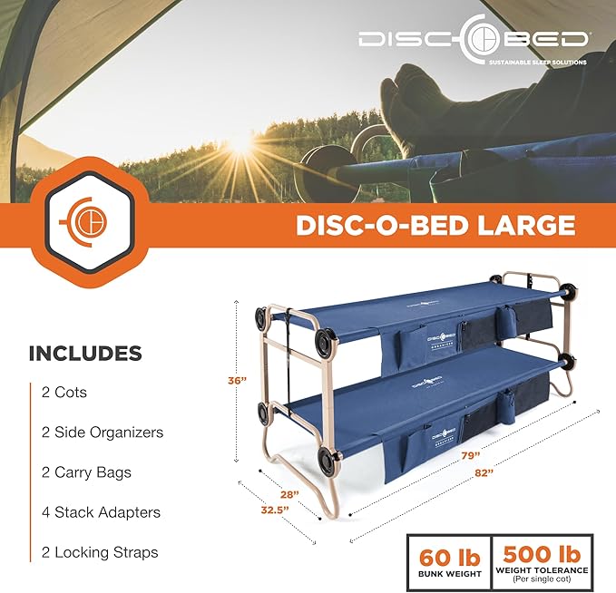 Disc-O-Bed Large Outdoor Convertible 2 Person Bench and Double Camping Cot Portable Bed Bunk System for Adults Navy