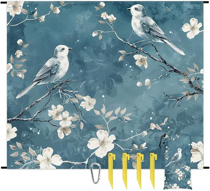 Waterproof Sandproof Beach Blanket 59''×68'' Plants &amp Bird Polyester Outdoor Picnic Blanket with 4 Stakes &amp Storage Bag for BeachCampingVacation Blue-Gray