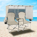 PLKO Portable Double Camping Chair with Canopy ShadeHeavy Duty Beach Chairs for AdultsFolding Beach Chair with Cooler Bag for Sports Backyard Fishing Outside（White）
