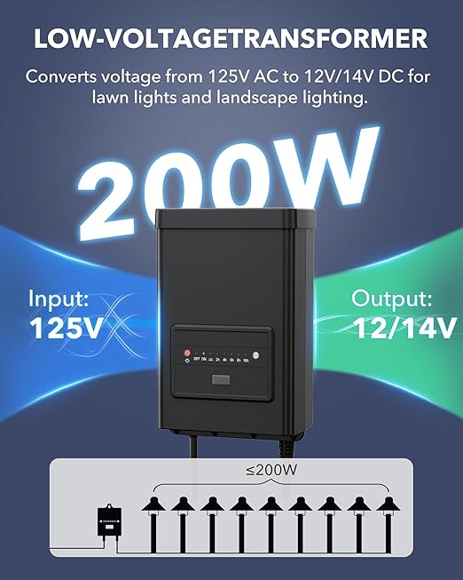 BN-LINK 200W Low Voltage Landscape Transformer with Timer and Dusk-to-Dawn Sensor 125V AC to 12V/14V AC Converter with Short Circuit Protection Weatherproof for Outdoor LED and Landscape Lighting