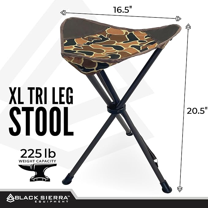 Black Sierra Folding Hunting Stool w/Shoulder Strap Supports 225 lbs Lightweight Collapsible Tripod Seat Foldable Steel Frame Chair Perfect for Hunting