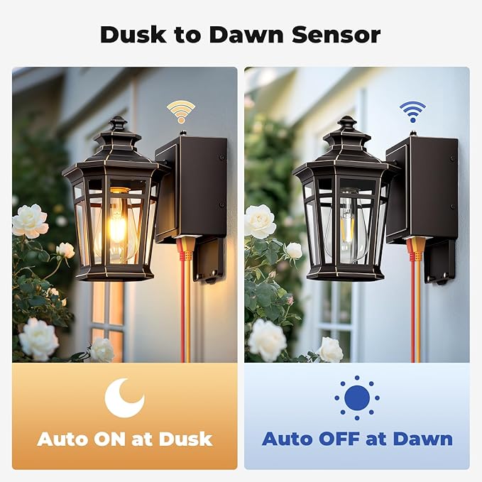 Gleamz Outdoor Wall Light with GFCI Outlet ORB Dusk to Dawn Outdoor Lighting Patio Lights Outside Waterproof Anti-Rust Exterior Lighting Fixtures Wall Mount for Garden Front Door E26 Base