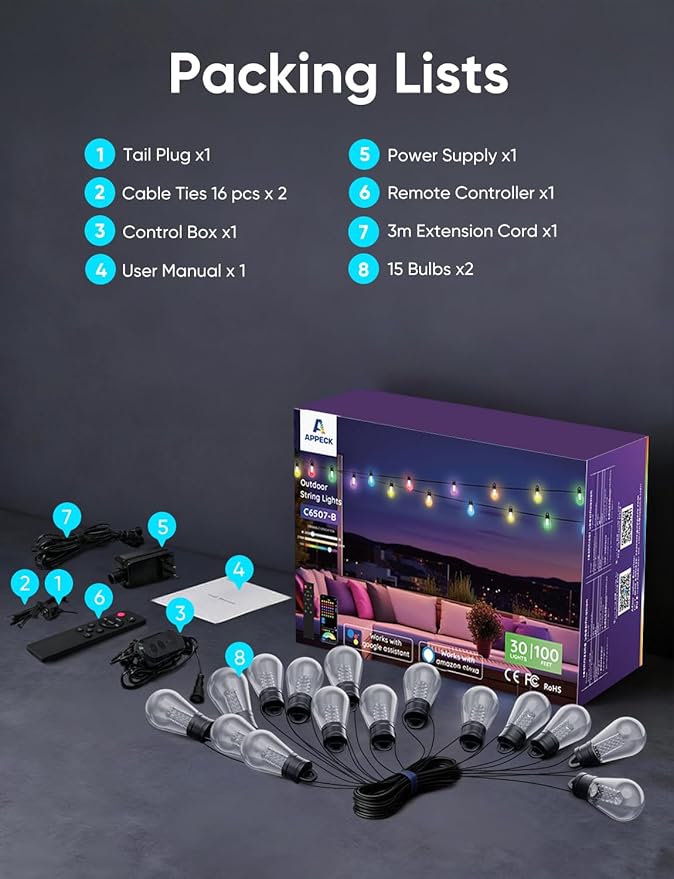 APPECK Outdoor String Lights 100ft RGBW Smart Outdoor Patio Lights with 30 LED Bulbs Extendable 111 Scene Modes IP65 Waterproof Lighting for Outside Dimmable Warm White Compatible with Alexa