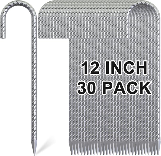 12 Inch J Hook Rebar Stakes 30 Pack Heavy Duty Galvanized Steel Tent Stakes Anti-Rust Ground Anchors Chain Link Fence Stakes for Yard Decorations Infltables Canopy Tarp Garden
