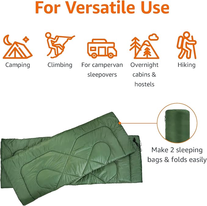 Amazon Basics 40°F Cold Weather Two-Person Sleeping Bag for Outdoor Camping Queen Size XL 87 x 59 Olive Green