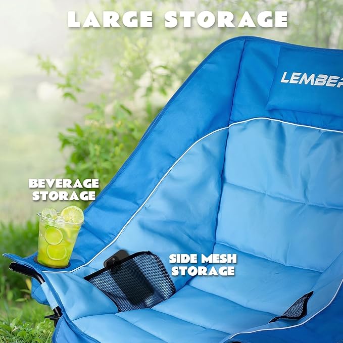 LEMBERI Oversized Heavy Duty Camping Chair for Adults500lbs Comfortable Folding Lawn ChairsLarge Outdoor Portable Chair with Cup HolderSide Pocket and Cooler Bag