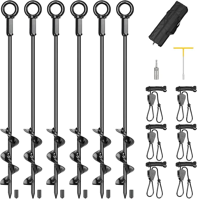 Tent Stakes Anchors 16-in 6 Pack RV Awning Tie Down Kit for Wind-Proof with Retractable Ratchet Straps Camping Stakes Heavy Duty for Tents Beach Umbrellas Canopies Carport Campers