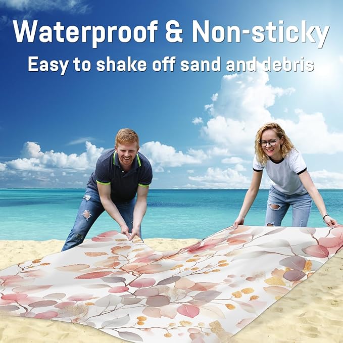 Waterproof Sandproof Beach Blanket 59''×68'' Poplar Leaves Polyester Outdoor Picnic Blanket with 4 Stakes &amp Storage Bag for BeachCampingVacation Plants