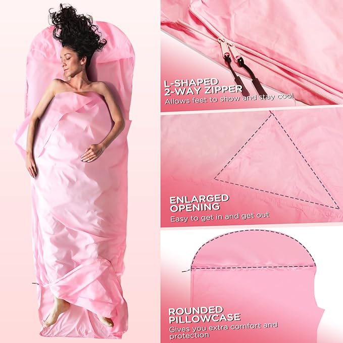 Ultralight Sleeping Bag Liner - 5.3 oz Washable Adult Sleep Sack &amp Travel Sheets Self Tan Sleep Sack with Two-Way-Zipper for Backpacking Hotel Camping Travel