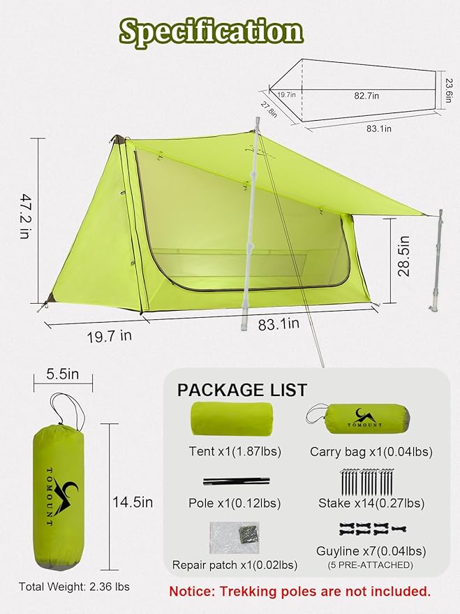 TOMOUNT Ultralight Bivy Tent 15D Nylon Trekking Pole Tent for one PersonLightweight Backpacking TentWaterproof Windproof Tents for ClimbingCampingHikingTrekking