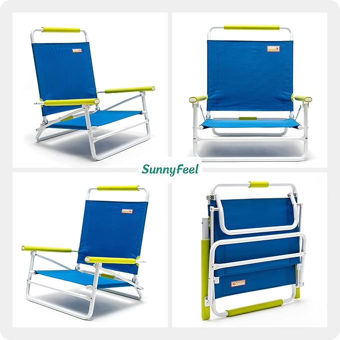 SunnyFeel Low Folding Beach Chair for Adults Lightweight Beach Chair Portable Camping Sand Chairs with Hard Armrest Supports 300lbs for Beach Lawn Concert