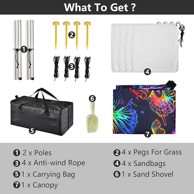 ALAZA Neon Line Butterfly Beach Tent Sun Shelter UPF50+ Protection Beach Shade Canopy w/ 4 Sandbags for Outdoor Camping Fishing Backyard Fun Picnic 10x9 ft