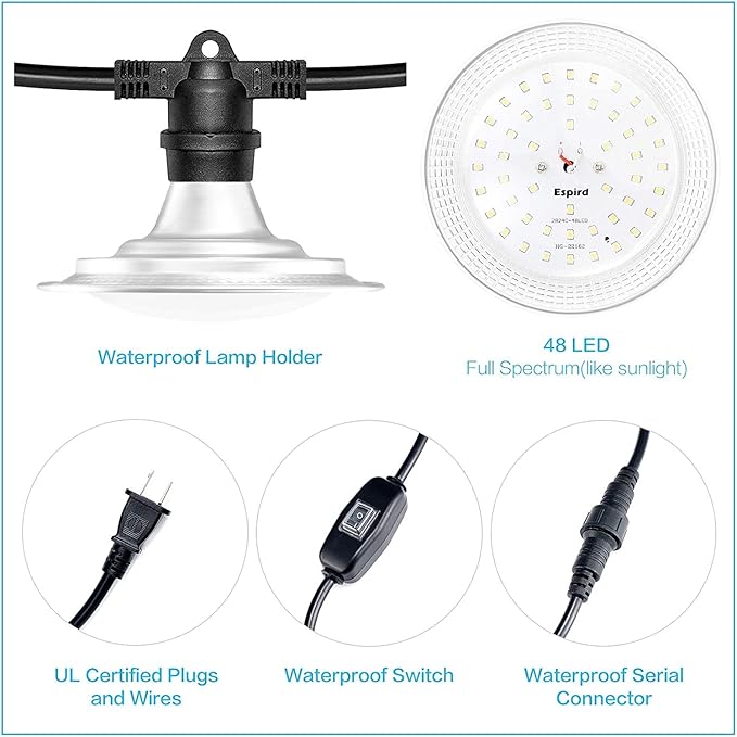 Espird 12-Light LED Grow Lights Plant Growing Lamps with Timer Outdoor Waterproof String Grow Lights for Greenhouse Full Spectrum Grow Light for Seeding Veg Flowers