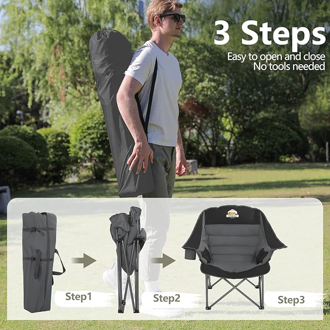 Oversized XL Padded Camping Chair Set of 2 Wide Heavy Duty Lawn Chairs Support 450 LBS Portable Folding Gaint Camp Chair for Outdoor Outside Sports Baseball Soccer-Black and Grey