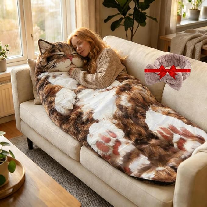 Fluffy Cat Sleeping Bag for Adults Soft Cozy Plush Cat Print Envelope Sleeping Bag for Human 68.89 inch Washable Warm Blanket for Camping Travel and Sleepovers Home