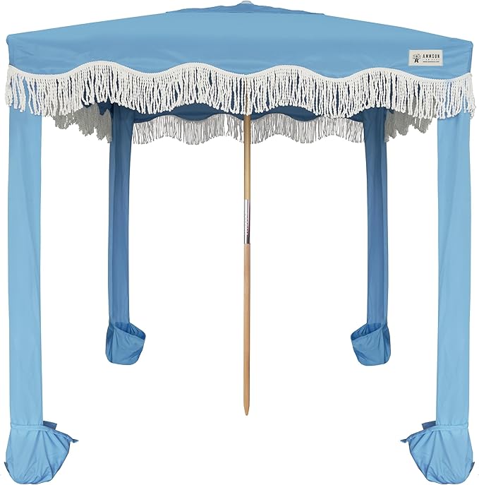 AMMSUN Beach Cabana with Fringe 6.5' x 6.5' Boho Beach Canopy with Tassels Easy Set up &amp Premium Wood Pole Cabana Tent with Sand Pockets Instant Sun Shade for Sand Garden Patio Blue