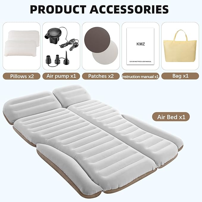 KMZ SUV Air Mattress Double Sided Thickened Flocking Car Bed – Portable Inflatable Mattress Pad for Camping &amp Travel with 2 Pillows &amp Electric Pump (Off-White and Coffee)