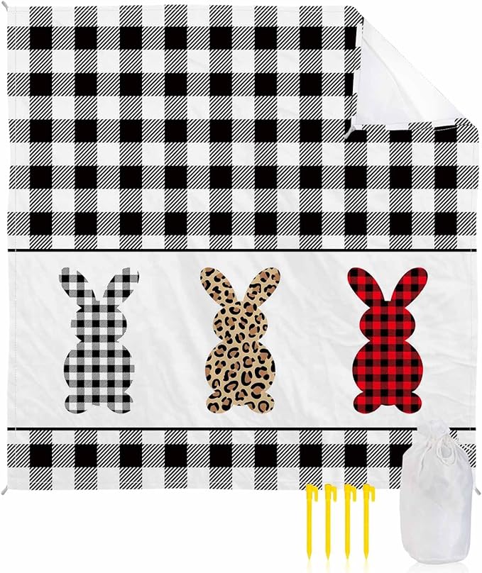 Beach Blanket Waterproof Sandproof Easter Check Leopard Rabbits Silhouette Quick Drying Beach Mat with 4 Stakes Black White Buffalo Lightweight Picnic Blanket for Travel Camping Outdoor 95x80