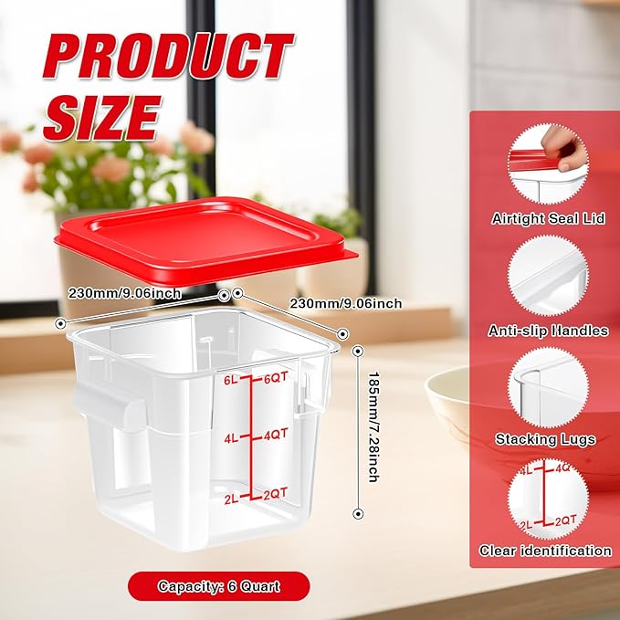 Square Food Storage Containers with Lids 4-Pack Lock-Tight Seal for Flour Sugar Cereal Keep Food Fresh BPA-Free Stackable Kitchen Canisters with Measurements (Red 6QT-4PACK)