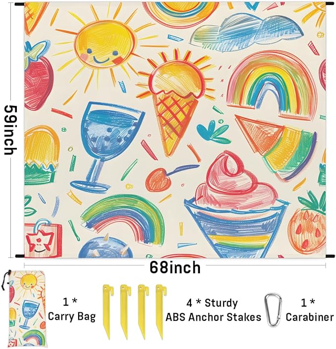 Waterproof Sandproof Beach Blanket 59''×68'' Summer Bash Polyester Outdoor Picnic Blanket with 4 Stakes &amp Storage Bag for BeachCampingVacation Beige