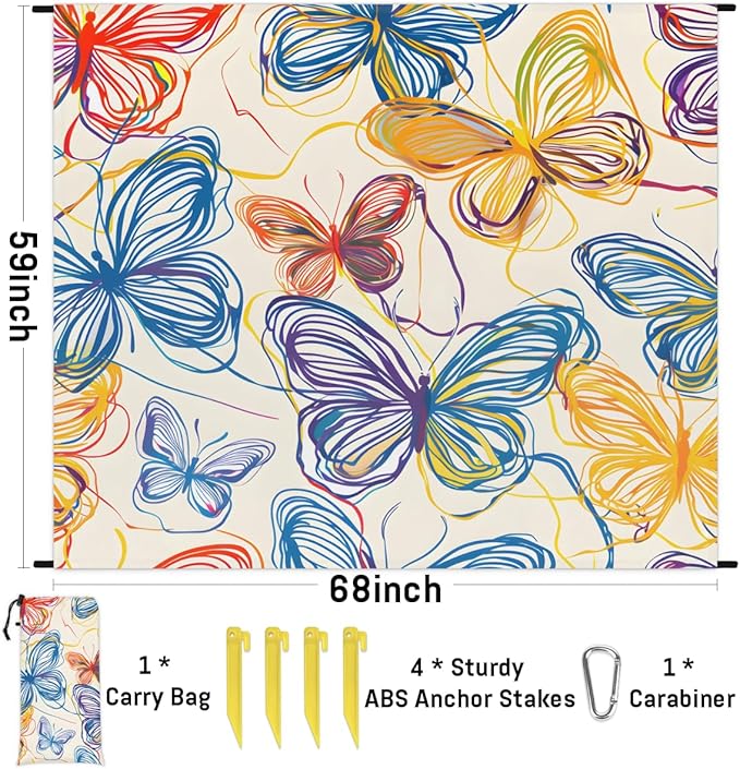 Waterproof Sandproof Beach Blanket 59''×68'' Hollow Butterflies Polyester Outdoor Picnic Blanket with 4 Stakes &amp Storage Bag for BeachCampingVacation Beige