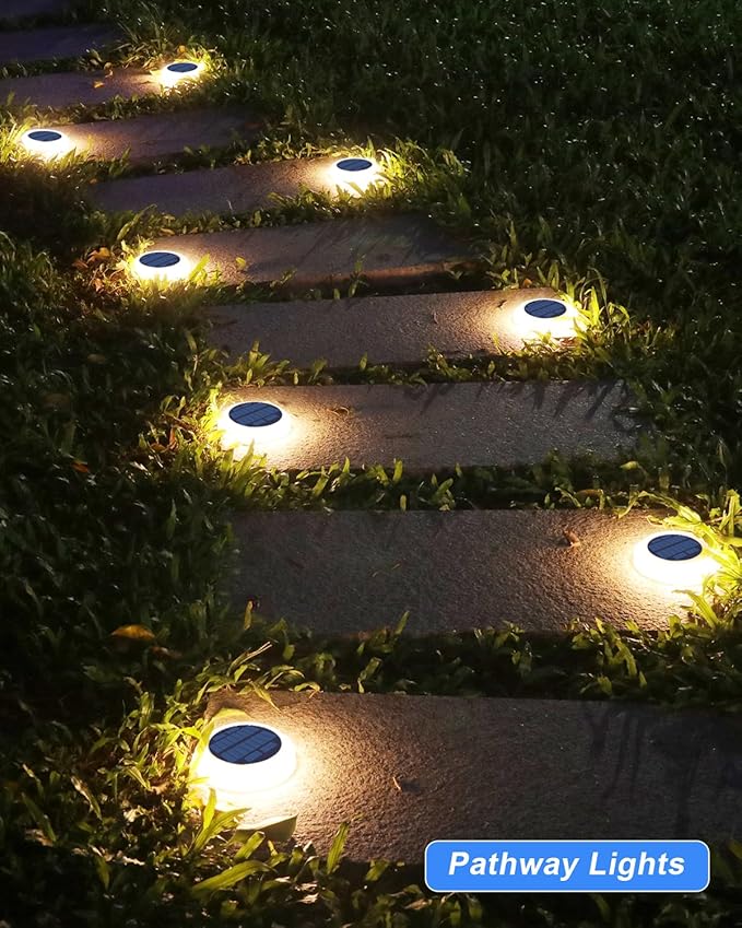 Solar Step Lights Outdoor Waterproof 4 Pack Warm White Flat Lights Solar Powered for Outside Stair Deck Dock Pathway Driveway Ground