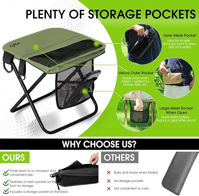 Camping Stool Upgraded FoldableStool Aluminum Alloy Bracket Portable outdoorfolding Chair with Pocket for Queuing FishingHiking Tours BBQ Parties Outdoor Camping Accessories(Green)