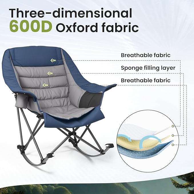 Oversized Rocking Camping Chair for Adults 400LBS Capacity Foldable Outdoor Rocker with Padded Seat Cup Holder Portable Camp Chair for Camping Backyard Patio BeachBlue 2 PCS