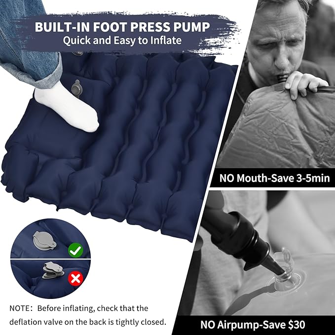 Camping Sleeping Pad Connectable Design for Double Mat Ultralight Inflatable Sleeping Mat with Pillow Built-in Foot Pump Portable Camping Air Mattress for Backpacking Hiking Tent (Navy)
