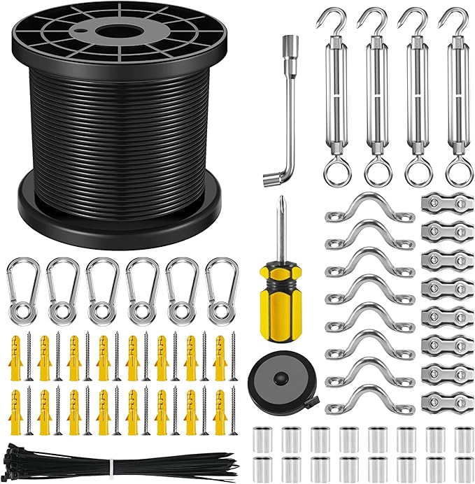 NEREUS String Light Hanging Kit with 164 Ft Vinyl Coated 304 Stainless Steel Cable String Light Suspension Kit Guide Wire with Turnbuckles and Hooks for Patio Backyard Lighting Accessories