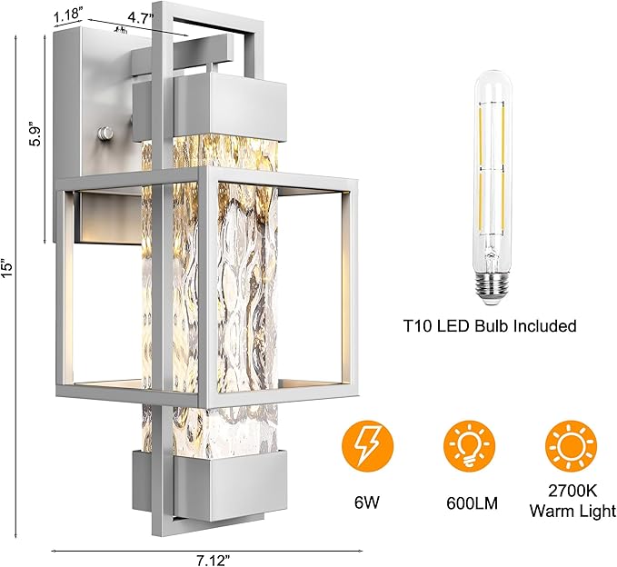 PARTPHONER Modern Outdoor Light Fixtures Dusk to Dawn Outdoor Lighting 2 Pack 15 Exterior Wall Sconce Waterproof Outside Porch Light for House with Water Glass for Garage Doorway Silver