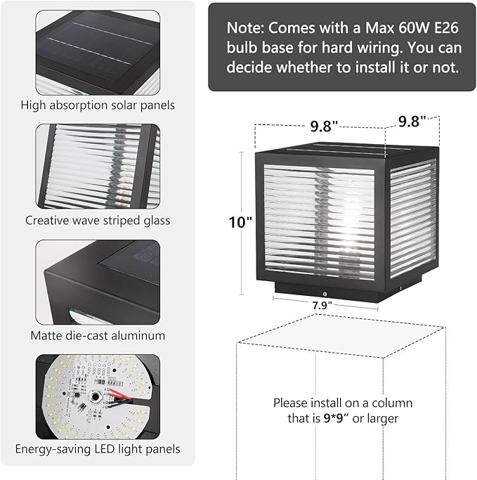Solar Post Cap Light Outdoor Exterior Post Lantern Lamps Stainless Steel IP65 Waterproof Pillar Light 9.8 Dimmable LED Modern Landscape Column Lamp for Patio Posts Flat Surface Garden Deck