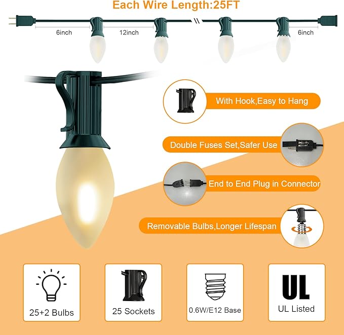 Abeja C7 LED Christmas Lights 25Ft C7 Frosted White String Lights with 27 Vintage Incandescent Bulbs (E12 Base 0.6W) Christmas Vintage String Light for Backyard Porch Balcony Party Decor