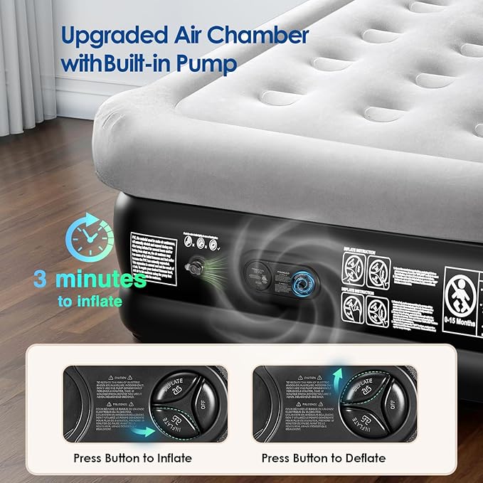 MoKo Air Mattress Queen with Built in Pump 18'' Luxury Inflatable Mattress 3 Min Fast Blow up Mattress Comfort Top - Velvety Air Bed for Home Camping Travel Guests Black/Gray
