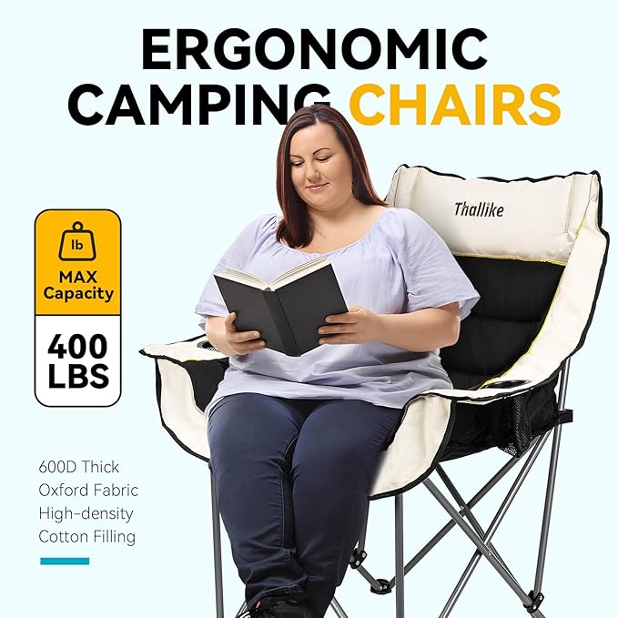 Oversized Camping Chair Portable Folding Padded Camping Chairs with Cup Holder and Carry Bag Heavy Duty Outdoor Camping Chairs for Adults Up to 400Lb for Fishing (Black-2 Pack)