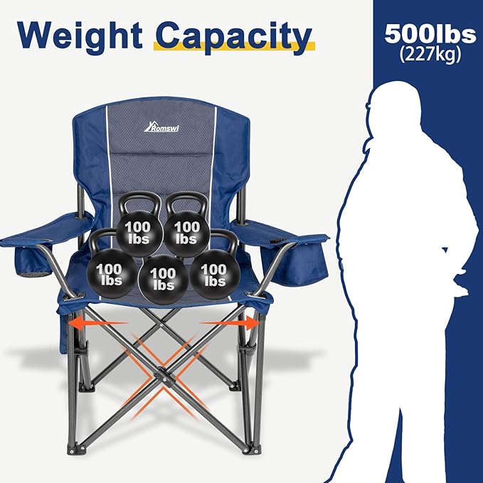 Romswi 2 Pack Oversized Camping Chairs for Adults 500LBS Heavy Duty Steel Folding Chair with Adjustable Elastic Armrests 38.5 Wide 600D Oxford Fabric 6-Can Cooler &amp Side Pockets for Outdoor Bl
