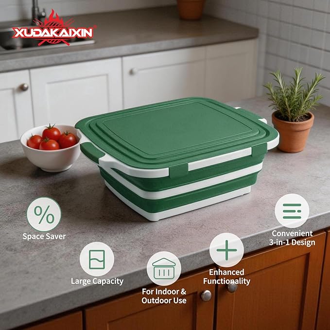 Collapsible BBQ Prep Tub for Meal Prep MarinatingFood Storage picnics camping barbecuescutting fruits and vegetables - Includes Cutting Board and Locking Lid(X-Large) Green