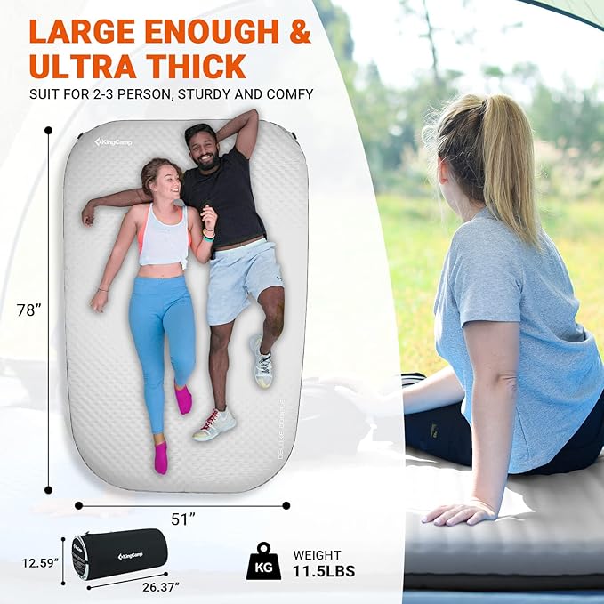 KingCamp Sleeping Pad for Camping Double Size Self Inflating Camping Mattress 11 R-Value Foam Pads 3 Thick 2 People Outdoor Pad Light Grey