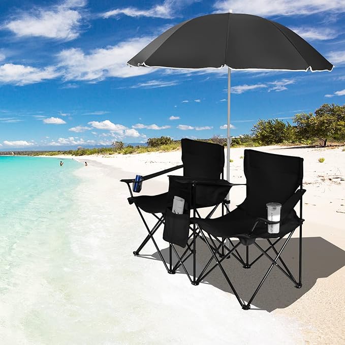 Goplus Double Camping Chair with Umbrella Folding Loveseat Chairs w/Canopy Shade Carrying Bag Table Cup Holder Portable Beach Chairs Outdoor Picnic Patio (Black)