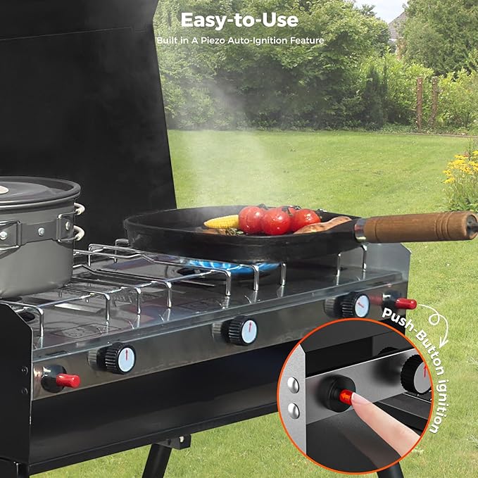 CAMPLUX 2 Burners &amp 1 Grill Propane Camping Stove 15000 BTU Portable Outdoor Propane Camping Grill Burner with Free Standing Legs Auto-Ignition Gas Stove with Regulator Black