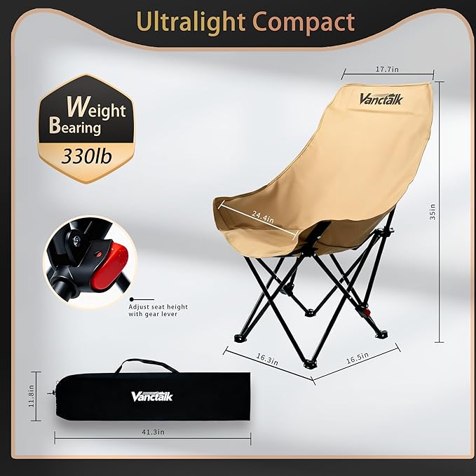 Outdoor Folding Chair Ultralight 4.4LBS Portable Camping Chair with Adjustable Gear Lever &amp Carry Bag 330LBS Heavy Duty Carbon Steel Chair for Camping Hiking Picnic Outdoor Activities